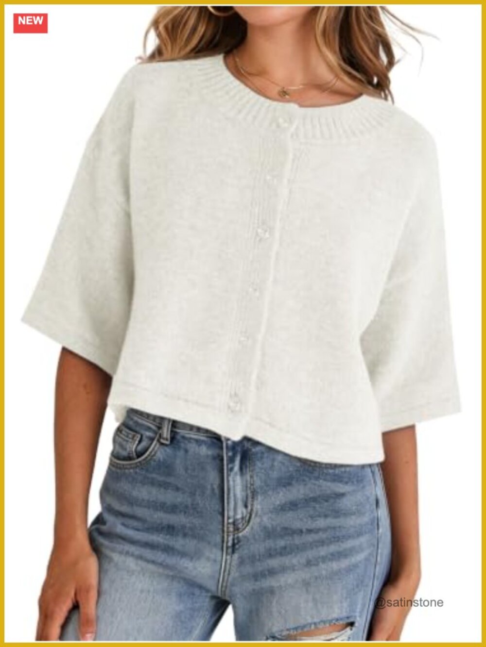Lightweight Cropped Cardigan Button-Up Short Sleeve Knit Sweater